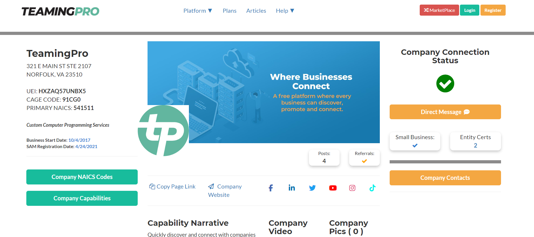 Company page is a free web page that highlights your federal contracting company. All your active MarketPlace posts will be auto-fed to your Company Page for easy, revolving, fresh content.